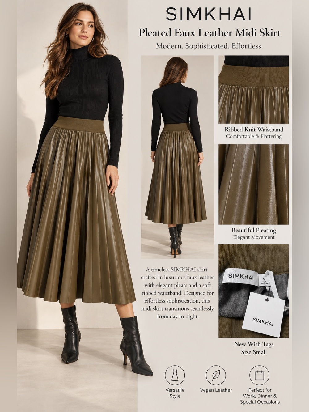 SIMKHAI Kezia Pleated Midi Skirt Army Green Size S NWT